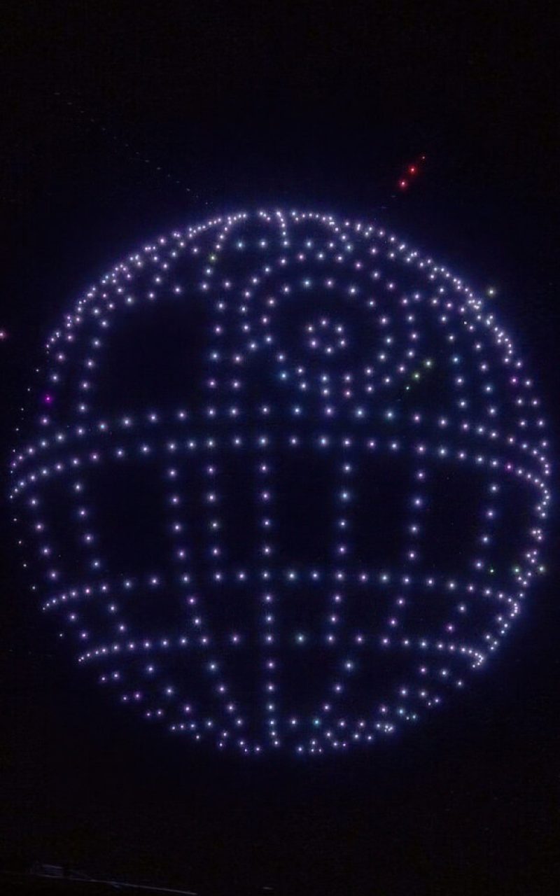 Drones magically form various scenes from film & television in the sky, including the Death Star from Lucas Film’s “Star Wars” franchise during testing in France of the new nighttime show coming to Walt Disney World Resort in Lake Buena Vista, Fla. later this month. The limited-time show, “Disney Dreams That Soar presented by AT&T,” runs at Disney Springs from May 24 to Aug. 2, 2024, and utilizes cutting-edge drone technology to feature a collection of fan-favorite characters utilizing cutting-edge technology and 800 drones, plus LED lights, choreographed to a sweeping original music score.. (Sylvain Beche, photographer)